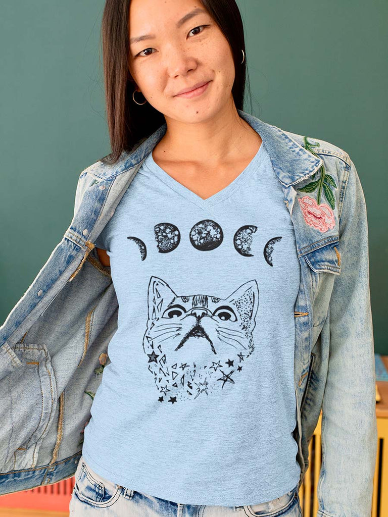 Women's Moon Phases Cat T Shirt-Womens T-Shirts Comfy-S-Light Blue-Revival Ink