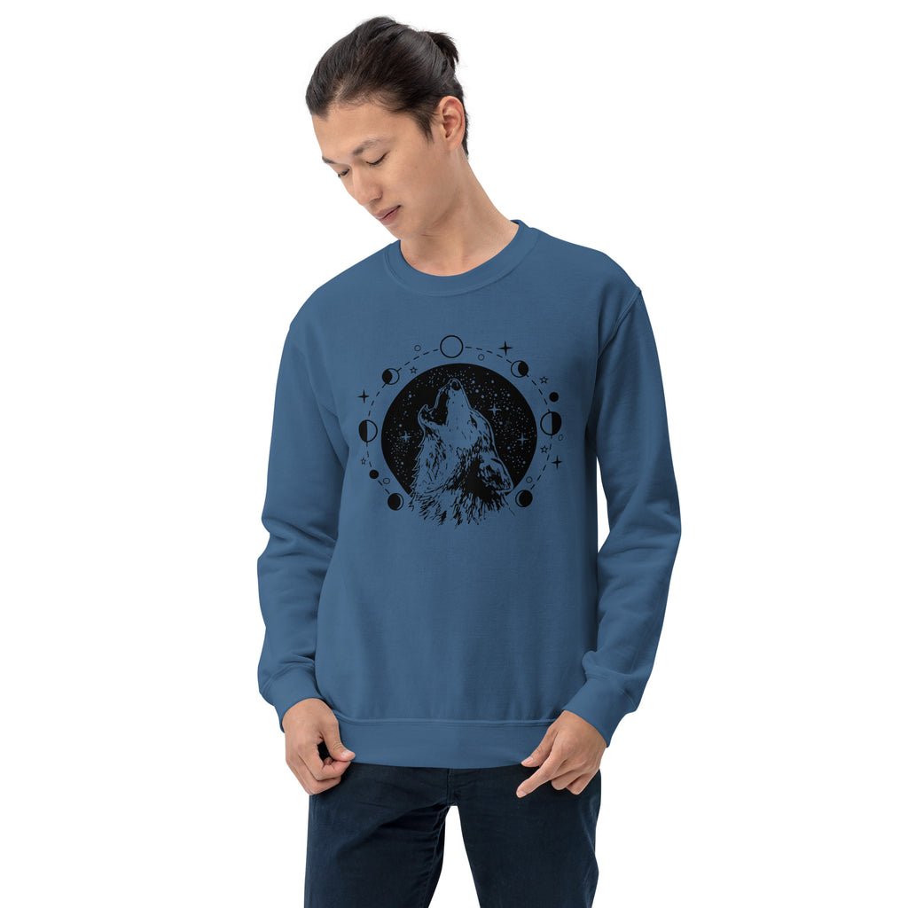 Moon Wolf Crewneck Sweatshirt-Crewneck Sweatshirt-S-Gray-Revival Ink